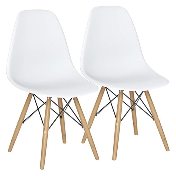 DSW Dining Chairs, Shell Plastic Chairs with Wood Legs, Modern Style Armless Chairs for Living Room Kitchen Bedroom, Eiffel DSW Style Side Chairs with Ergonomic Backrest Set of 2, White