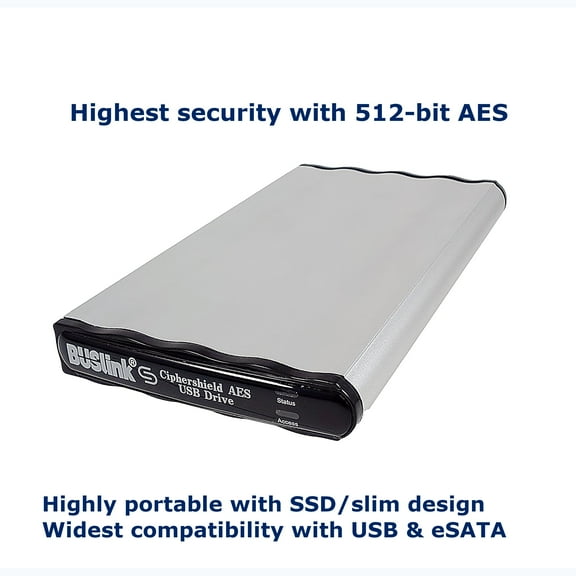 DSX-1TSDG2 1TB SSD USB 3.2 Gen 2/eSATA CipherShield 512-bit AES FIPS 140-2 HIPAA Disk-On-The-Go Encrypted External Slim Portable Drive