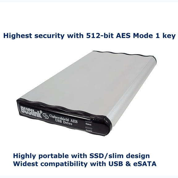 DSX-8TSDG2M1 8TB SSD USB 3.2 Gen 2/eSATA CipherShield Mode 1 Key 512-bit AES FIPS 140-2 HIPAA Disk-On-The-Go Encrypted External Slim Portable Secure Drive