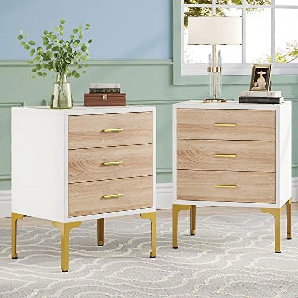DSZBNUIO 3 Drawers Nightstand Modern White Gold Night Stands with Large