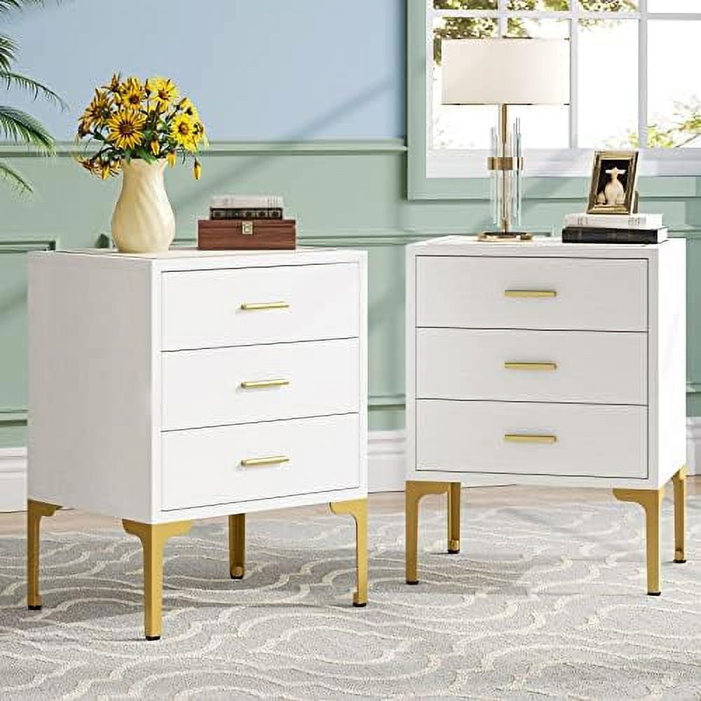 DSZBNUIO 3 Drawers Nightstand Modern White Gold Night Stands with Large