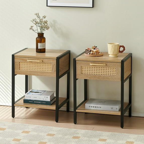DSstyles 15.74-Inch Rattan End Table Nightstand Set Retro Boho Night Stand Bedside Table With Storage Shelf Smooth Rails Drawer