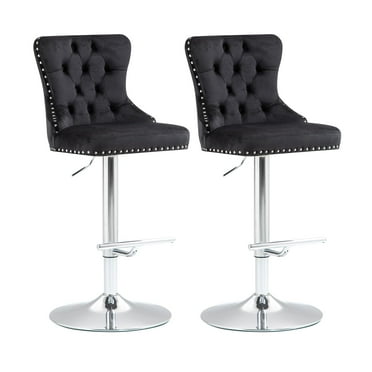 DSstyles 2 Pcs Modern Swivel Bar Stools, Height Bar Stools Swivel Barstools with High Back, Button Tufted, Silver Footrest and Nailheads Trim,Velvet Upholstered Bar Chairs for Kitchen Island