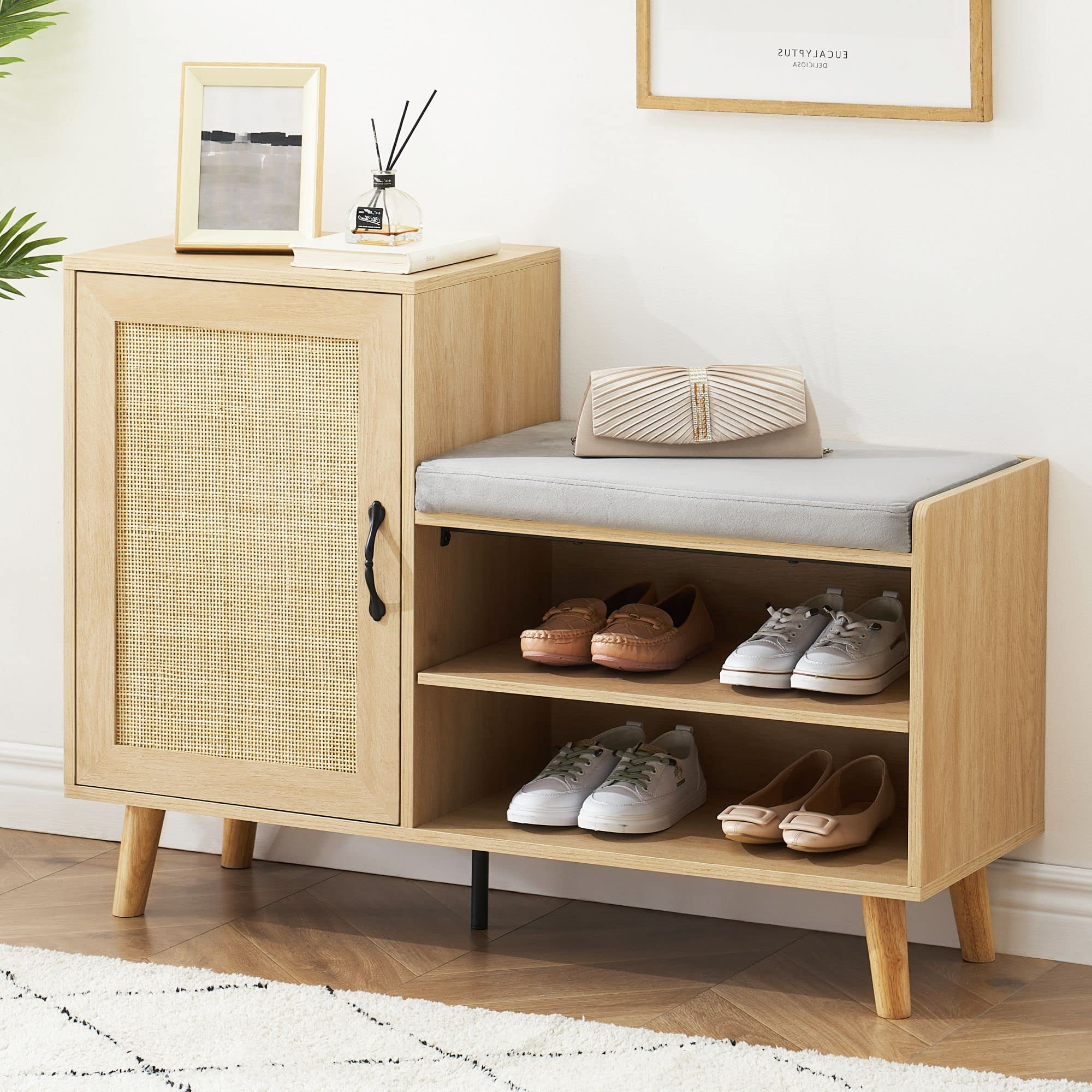 IDEALHOUSE 2-in-1 Shoe Storage Bench, Natural Rattan Shoe Cabinets with 3  Adjustable Shelves, Entryway Bench with Removable Seat Cushion, Shoe Rack