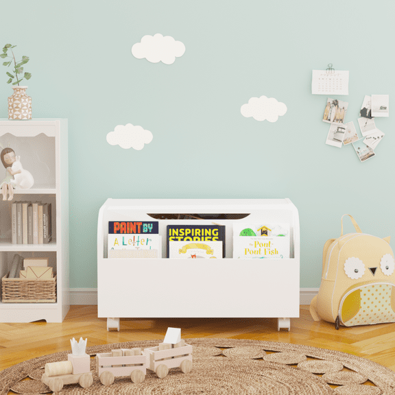 DSstyles 2024 New Kids Toy Box Chest Bench, With Front Bookshelf Flip-Top Lid and Safety Hinge Wooden Toy Storage Organizer, for Playroom, Kids Room, Nursery