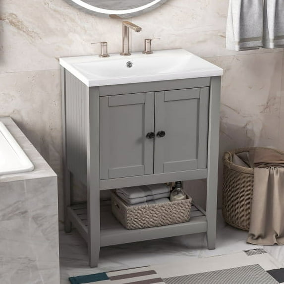 DSstyles 24" Bathroom Vanity with Ceramic Sink Bathroom Storage Cabinet with Open Shelf Free Standing Single Basin Vanity Set for Bathroom