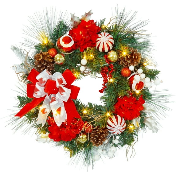 DSstyles 24 Inch Pre-lit Christmas Wreath for Front Door, Battery Operated Xmas Wreath with 20 LED Lights and Elf Legs Boot Christmas Ball Ornaments Flowers Ribbon Bows for Home Holiday Decor