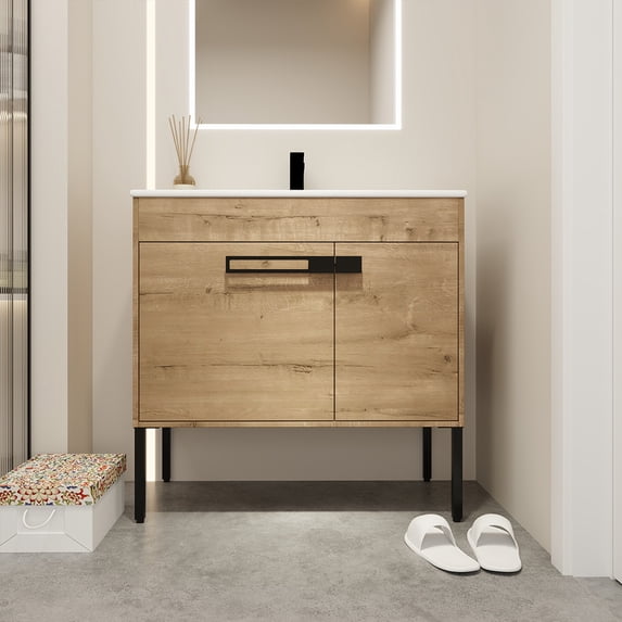 DSstyles 24Inch/30Inch/36Inch Bathroom Vanity with Sink Freestanding/Wall-Mounted Bathroom Vanity Ceramic Single Basin Set with Doors Adjustable Shelves For Bathroom