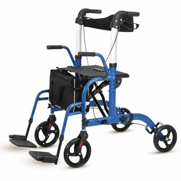 DSstyles 3 in 1 Rollator Walker for Seniors with Seat Folding Transport Wheelchair Rollator Rolling Walker Combo,Adult Medical Walker All Terrain with 8”Wheels Reversible Backrest Detachable Footrests