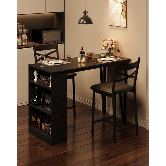 DSstyles 3 Piece Dining Table Set, 36in Wooden Counter Height Dining Table for 2, Kitchen Bar Table Set with Storage Shelves, Metal Frame, for Kitchen, Restaurant, Living Room, Grey/Brown/Black