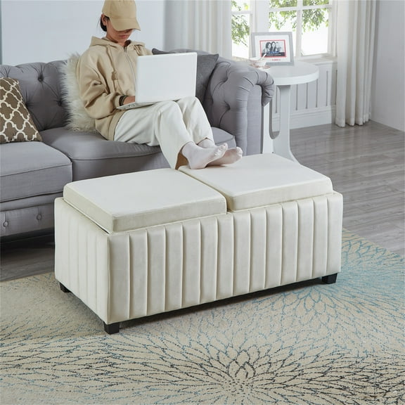 DSstyles 45 Inch Wide Storage Ottoman With 2 Reversible Coffee Tray Storage Bench Footrest Stool Coffee Table For Living Room Bedroom