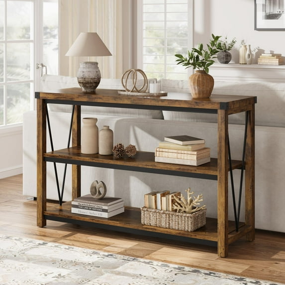 DSstyles 47 Inch Narrow Long Console Table, Farmhouse Entryway Table with Storage, 3 Tier Wood Console Table for Living Room, Behind Couch Table, Hallway Table for Foyer, Entryway Furniture