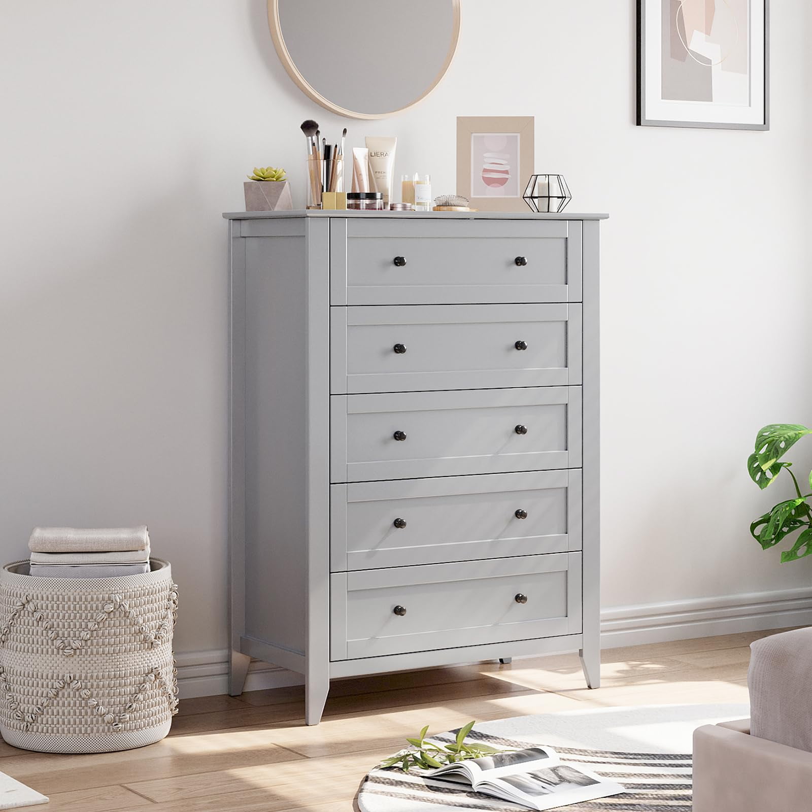 grey dresser with white knobs DSstyles 5 Drawer Dresser for Bedroom, Tall Dresser Closet Organizer, Wood  Dresser with Deep Space & Metal Knobs, Modern Chests of Drawers for
