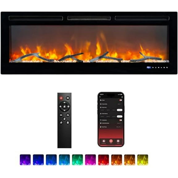 DSstyles 50 Inch Electric Fireplace with Remote Control & Alexa/WiFi, Smart Wall Mount/in Wall Recessed Insert Black Electric Fireplace-30 Realistic Ember Color/Flame Options,1500W Heater
