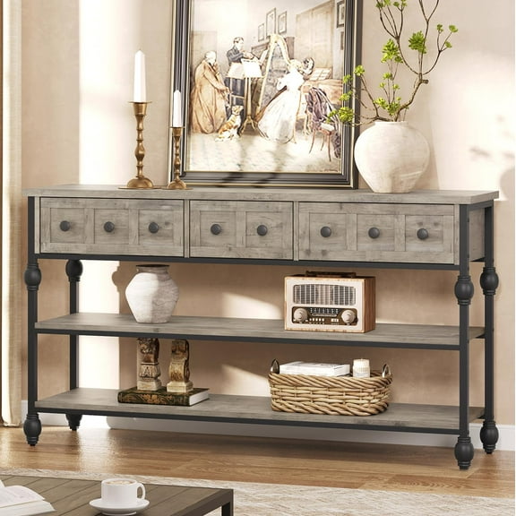 DSstyles 52" Console Table, Entryway Table with 3 Storage Drawers, 3 Tier Industrial Metal Sofa Table, Behind Couch Table, Hallway Table for Entry, Living Room-Grey