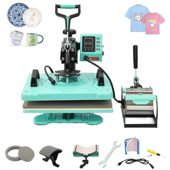 DSstyles 6 in 1 Heat Press Machine, 15x15 inch Sublimation Heat Press, 360° Swing Away Digital Heat Transfer Multifunction Heat Transfer Sublimation Combo for T-Shirt, Cap, Mug, Plate, Pillow, Bag