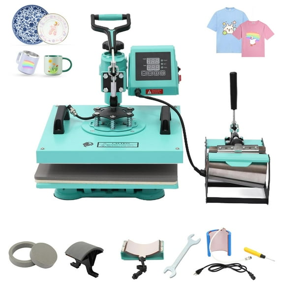 DSstyles 6 in 1 Heat Press Machine, 15x15 inch Sublimation Heat Press, 360° Swing Away Digital Heat Transfer Multifunction Heat Transfer Sublimation Combo for T-Shirt, Cap, Mug, Plate, Pillow, Bag