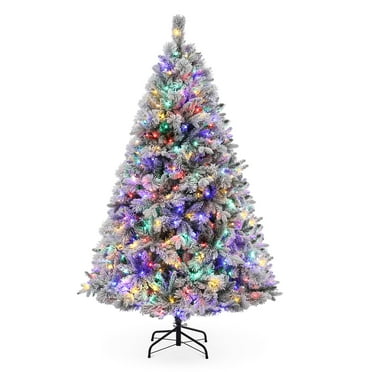 DSstyles 6 Ft White Flocked Pre-Lit Christmas Tree, Artificial Xmas Tree with 400 Multicolor Led Lights & 850 Branch Tips, Hinged Faux Christmas Tree for Home Party Office Decorations