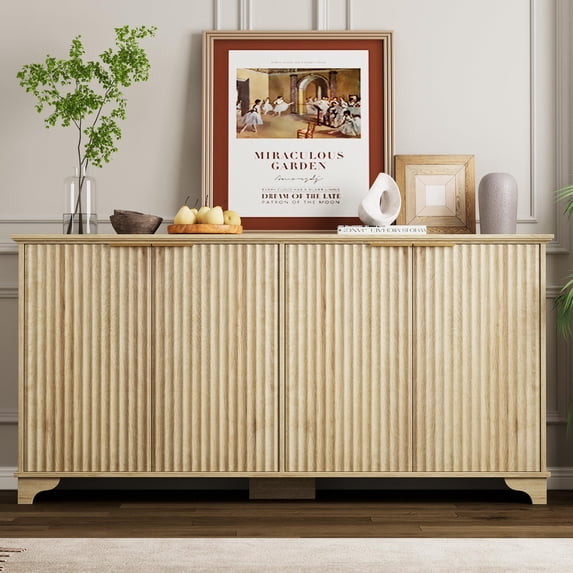 DSstyles 61" Large Buffet Sideboard Cabinet with 4 Fluted Doors and Storage, Modern Kitchen Storage Cabinet with Adjustable Shelves, Farmhouse Coffee Bar Cabinet for Kitchen, Living Room, White/Oak