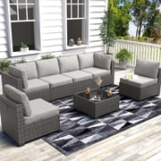 DSstyles 7-Piece Patio Sectional Sofa Set, All-Weather PE Rattan Wicker Outdoor Couch with Thick Cushions & Glass Coffee Table - Modular Conversation Furniture for Garden,Patio- Light Gray Cushion