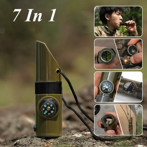 DSstyles 7-in-1 Multi-functional Survival Whistle Outdoor Professional Emergency Safety Whistle With Lanyard LED Light Compass