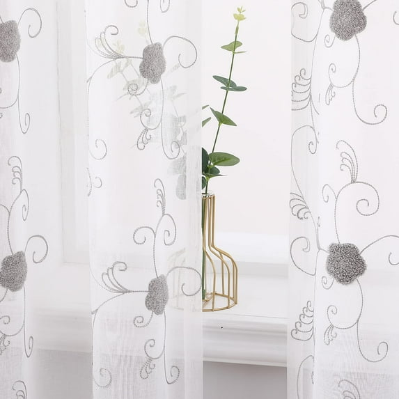 DSstyles 72 Inch Sheers for Windows Curtains, White Floral Embroidered Semi Sheer Curtains Voile Grommet Farmhouse Window Treatments Set for Living Room, Bedroom, 52" W x 72" L, 2 Panels