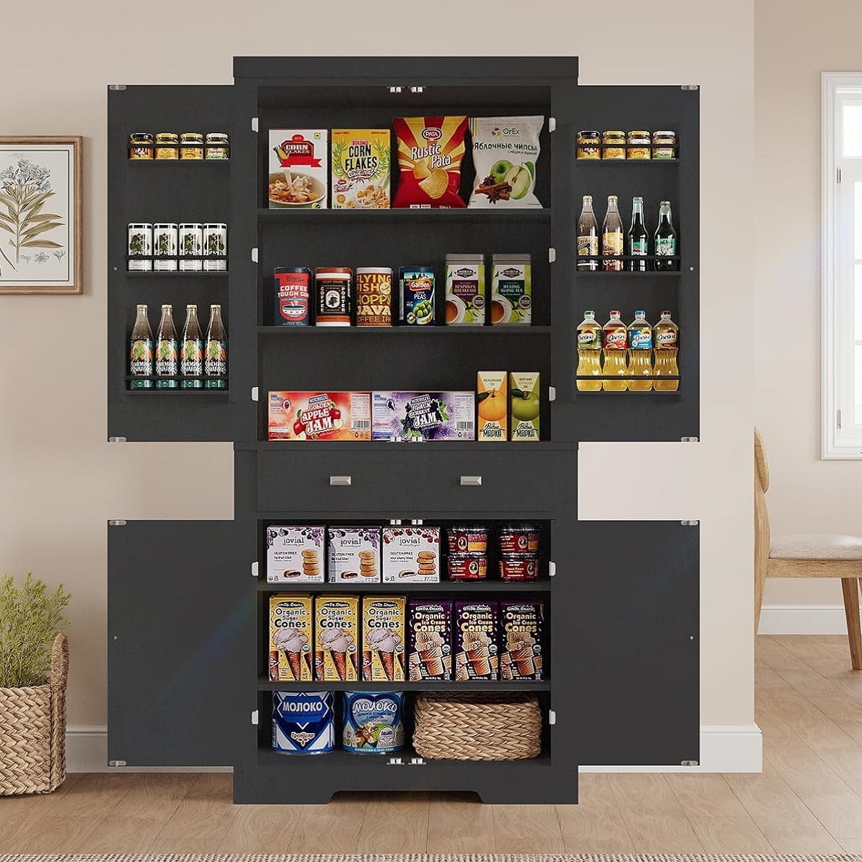 DSstyles 72" Kitchen Pantry Cabinet, Freestanding Tall Storage Cabinet with 6 Door Shelves, 2 Cabinets and 1 Drawer, Pantry Storage Cabinet for Kitchen, Living Room, Dining Room, White/Black
