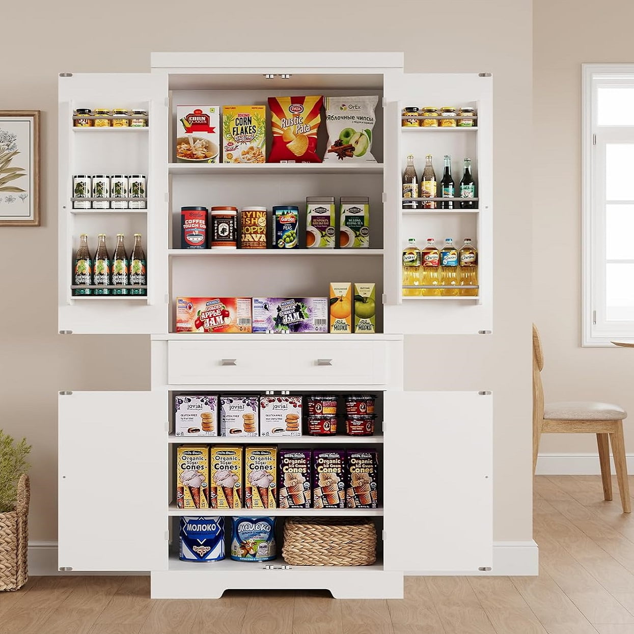 DSstyles 72" Kitchen Pantry Cabinet, Freestanding Tall Storage Cabinet with 6 Door Shelves, 2 Cabinets and 1 Drawer, Pantry Storage Cabinet for Kitchen, Living Room, Dining Room, White