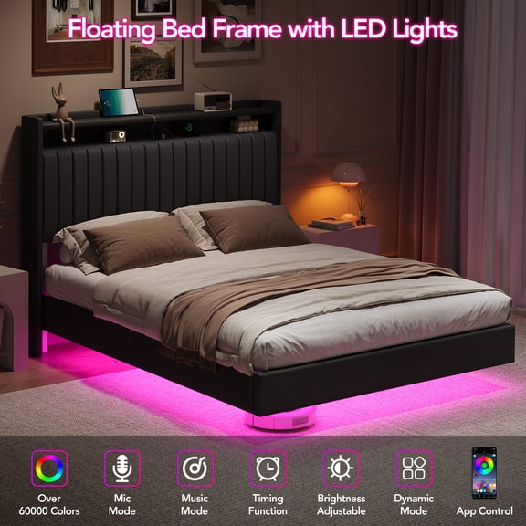 DSstyles 80*56*50" Floating Bed Frame with LED Lights & 2-Tier Storage Headboard, Queen Size Upholstered Platform Bed with 60,000+ RGB Colors, App & Remote Control, Noise-Free Design