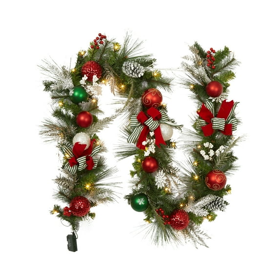 DSstyles 9 ft Pre-lit Christmas Garland, Battery Operated Christmas Garland with 40 LED Lights, Ball Ornaments, Bow and Candy Cane, Xmas Garland for Indoor Home Winter Holiday Decoration