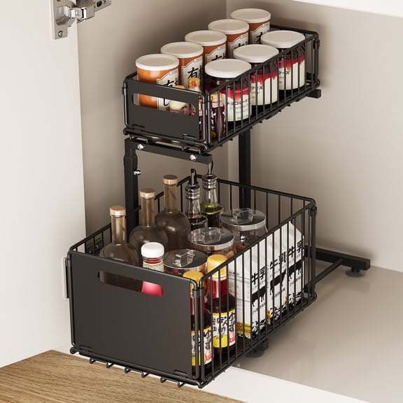DSstyles Adjustable 2-Tier Under Basin Organizer Shelf – Sliding Carbon Steel Mesh Drawers – Space-Saving Metal Storage Rack for Kitchen, Pantry – No-Drill Installation, 18x11x16",Black
