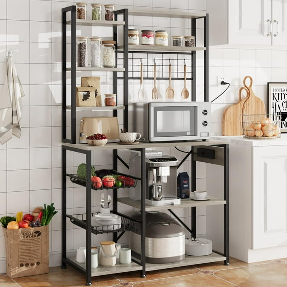 DSstyles Bakers Rack with Power Outlet, Microwave Stand with 2 Wire Drawer, Industrial Coffee Bar Station, 7-Tier Kitchen Bakers Rack with Large Storage for Spice, Pots Organizer, Rustic Gray