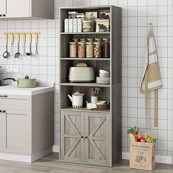 DSstyles Bookcase with Doors Farmhouse Bookshelf 11.8in Depth Wooden Display Storage Shelves 71.4in Tall Bookcases Industrial 6 Shelf Bookshelves for Bedroom, Living Room, Home Office