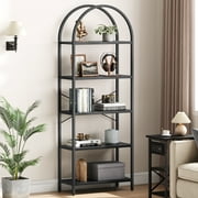 DSstyles Bookshelf 5 Tier Bookcase Arched Display Racks Tall Standing Bookshelves Metal Frame Open Storage Rack Shelf Large Black Book Shelf for Bedroom, Living Room, Home Office
