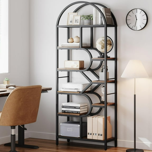 DSstyles Bookshelf 6 Tier Arched Bookcase 81.7in Tall Display Racks Geometric Open Storage Shelf Unique Book Rack Metal Frame Large Modern Book Shelf for Bedroom, Living Room, Home Office