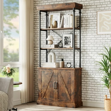 DSstyles Bookshelf with Doors 73.62in Tall Bookcase Industrial Storage Open Rack Shelf with Cabinet Wood and Metal Bookcase Farmhouse Bookshelves Vintage Display Rack Home Office