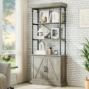 DSstyles Bookshelf with Doors 73.62in Tall Bookcase Industrial Storage Open Rack Shelf with Cabinet Wood and Metal Bookcase Farmhouse Bookshelves Vintage Display Rack Home Office