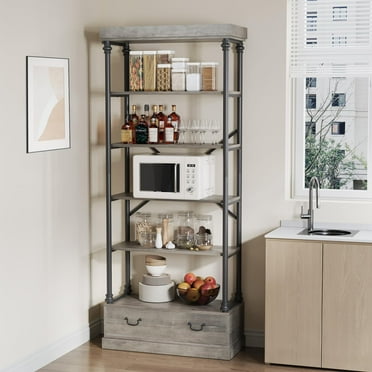 DSstyles Bookshelf with Drawers Tall Bookcase 5 Tier Bookshelves Vintage Bookshelf Metal Frame Farmhouse Corner Shelf Display Shelf Storage for Home Office, Living Room, Bedroom, Bathroom,Grey
