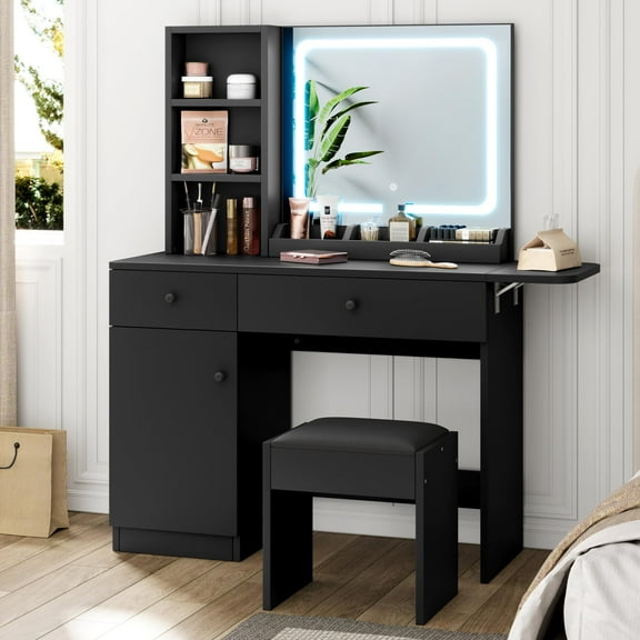 DSstyles Brown/Black/White Vanity Desk with LED Lighted Mirror & Power Outlet, Makeup Vanity with Drawers & Cabinet & Chair, Vanity Table Set for Bedroom