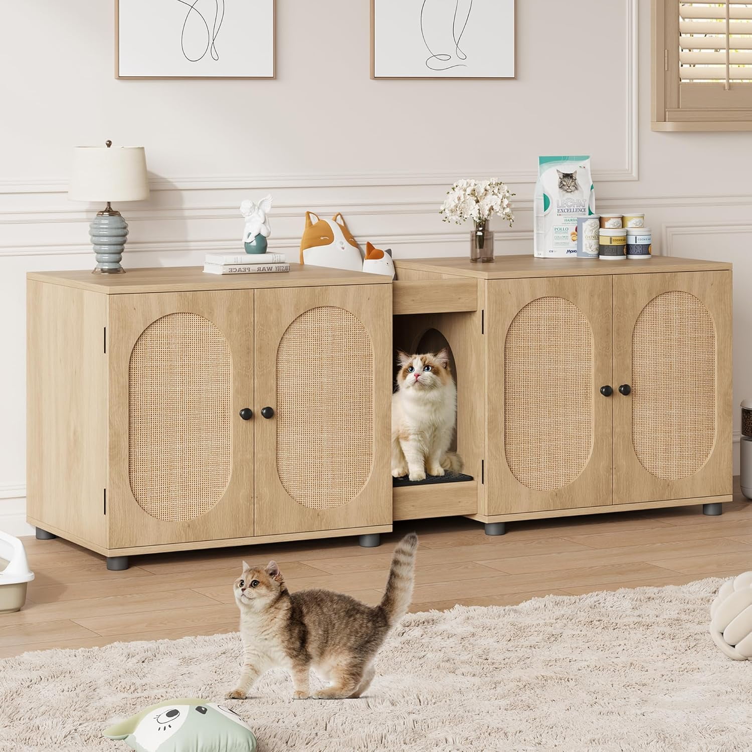 DSstyles Cat Litter Box Enclosure 55.1" Double Litter Box Furniture Large Cat Box Enclosure Kitty Litter Box for 2 Cats Hidden Cat Litter Cabinet Double Cage with Cat Litter pad Rattan Door
