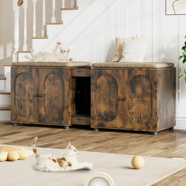 DSstyles Cat Litter Box Enclosure 55.1" Double Litter Box Furniture Large Cat Box Enclosure Kitty Litter Box for 2 Cats Hidden Cat Litter Cabinet Double Cage with Cat Litter pad Rattan Door