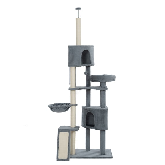 DSstyles Cat Tree, 105-Inch Cat Tower for Indoor Cats, Plush Multi-Level Cat Condo with 3 Perches, 2 Caves, Cozy Basket and Scratching Board, Gray