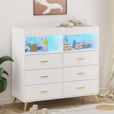 DSstyles Changing Table Dresser with Drawers, Baby Dresser with Changing Table Top, Power Outlet, LED Light & Metal Feet, Diaper Changing Station Nursery Organizer for Infants Newborn, White
