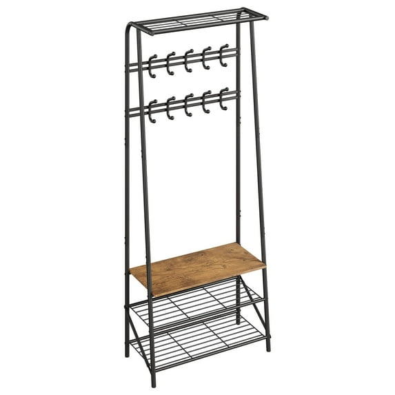 DSstyles Coat Rack Shoe Bench with 5 Hooks, Hall Trees Entryway Bench with Storage, Multifunctional Hallway Organizer, Wood Look Accent Furniture with Metal Frame