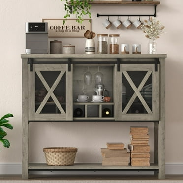 DSstyles Coffee Bar Cabinet, Farmhouse Sideboard Buffet Cabinet with Sliding Barn Doors, Wine Racks, Open Storage Shelf, for Kitchen, Dining Room, Entryway,White/Grey