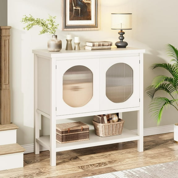 DSstyles Coffee Bar Cabinet, Kitchen Storage Cabinet, 35.6" Modern Buffet Sideboard, Reeded Glass Door Accent Cabinet for Kitchen, Dining Room, Entryway - Pure White