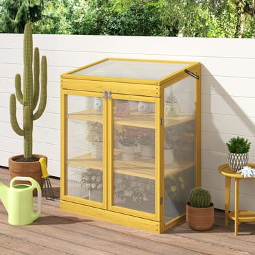 DSstyles Cold Frame Greenhouse, Mini Wooden Greenhouse Raised Flower Planter Shelf With Transparent Doors And 2 Tier Shelves, Small Greenhouse For Indoor Outdoor Garden Yard
