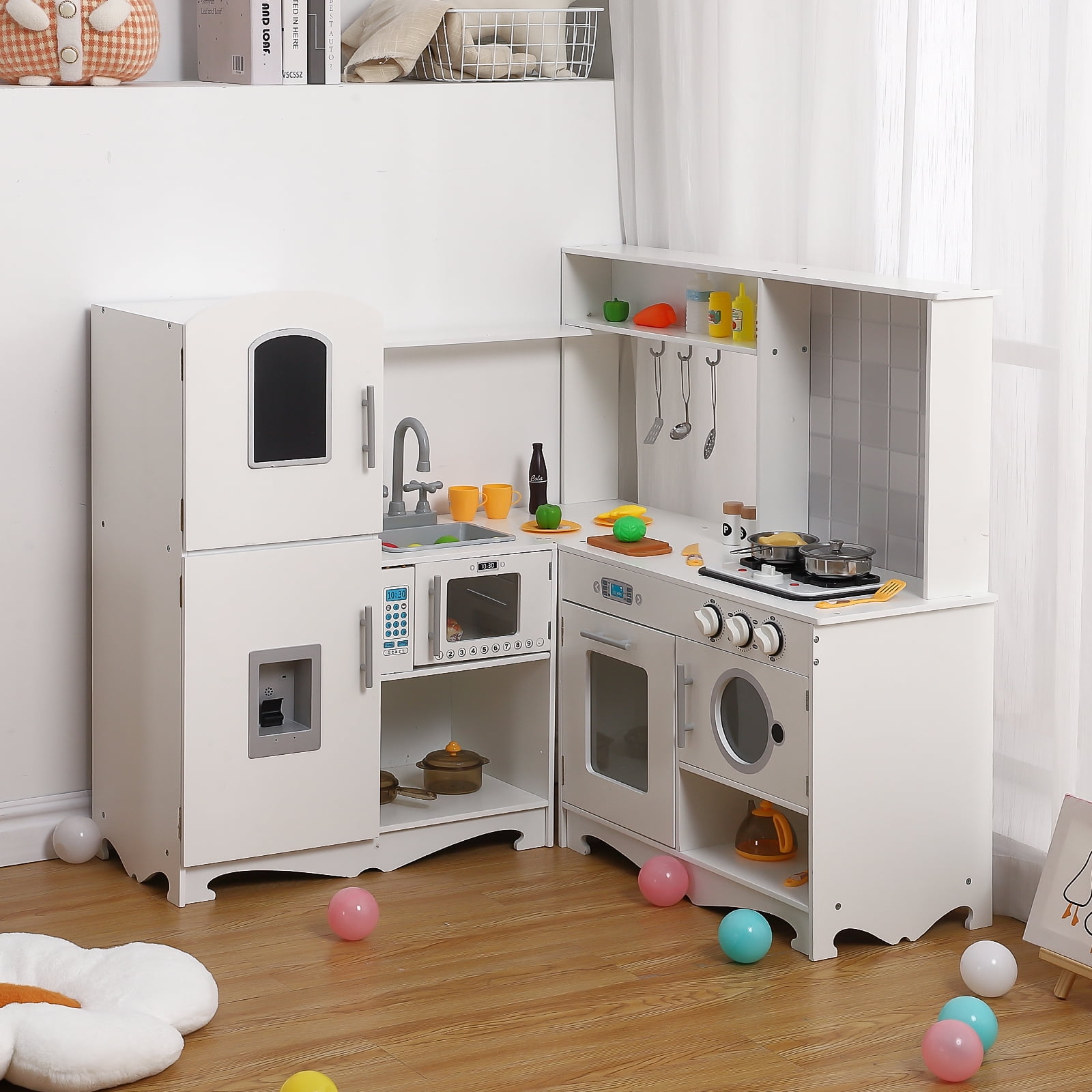 Play Sink Corner Play Kitchen For Kids, Wooden Kitchen Playset W