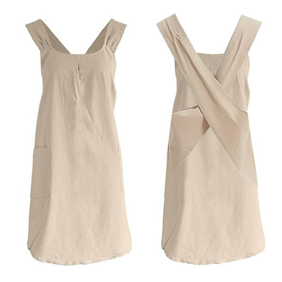 DSstyles Cotton Linen Apron for Women, Japanese Style Kitchen Aprons with 2 Pockets Anti Slip Cross Back Straps Casual Aprons Gifts for Cooking Gardening Coffee Shop