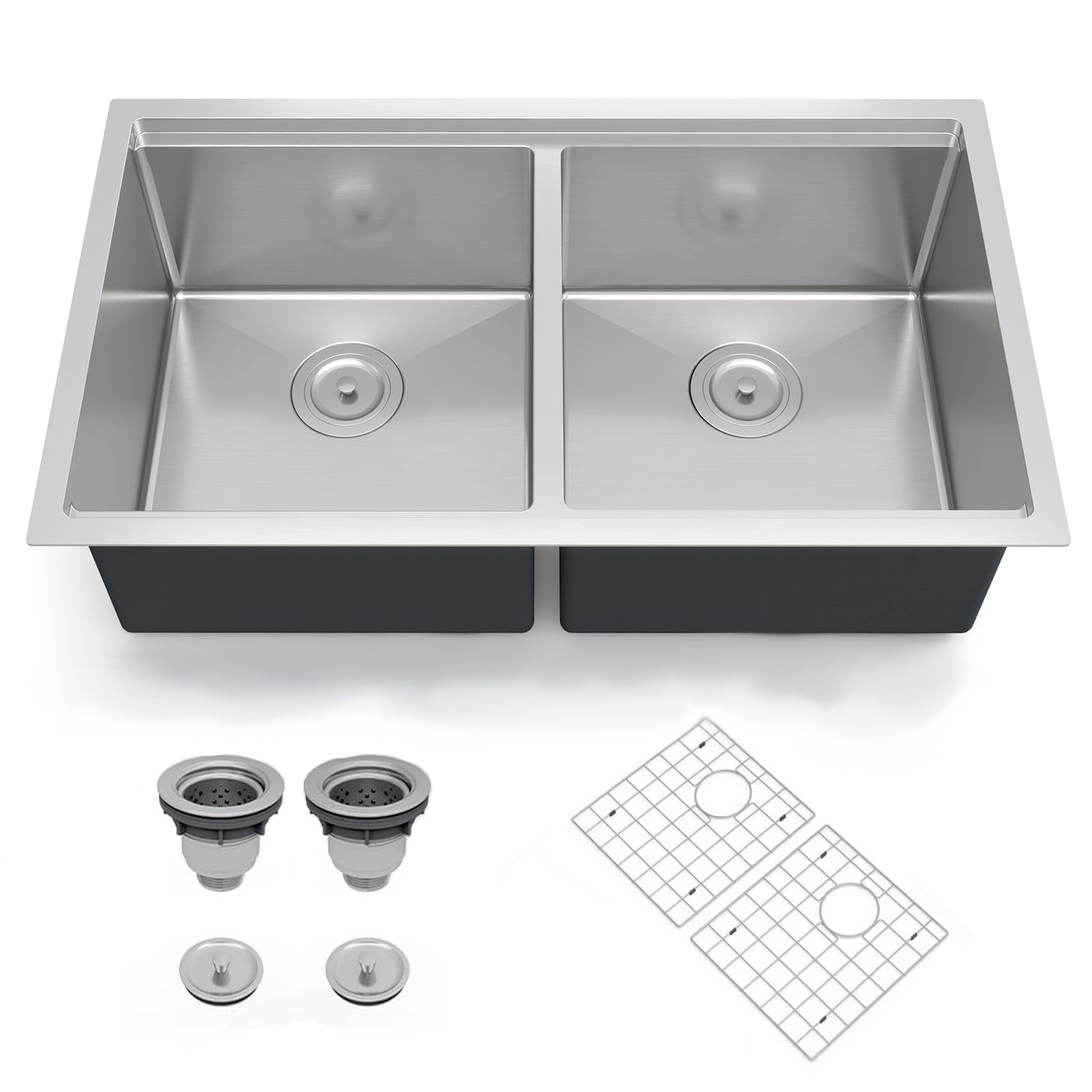 DSstyles Deluxe Double Bowl Undermount Kitchen Basin 33x19x10 Inch – 304 Brushed Stainless Steel, Deep Basin, Bottom Grids, Drainboard, Noise Reduction, Commercial Grade, Easy Clean